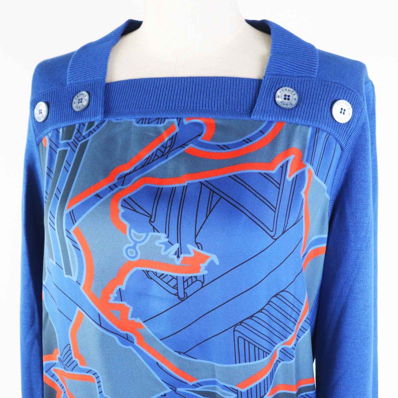 Hermes 22SS 2e2808dn Silk Rayon Twill Raine Tattersall Zigzag Knit Blue 38