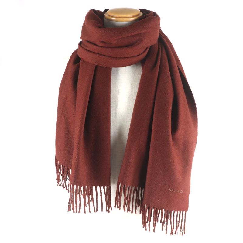  Hermes 100% Cashmere Fringed Logo Embroidery Large Scarf Red