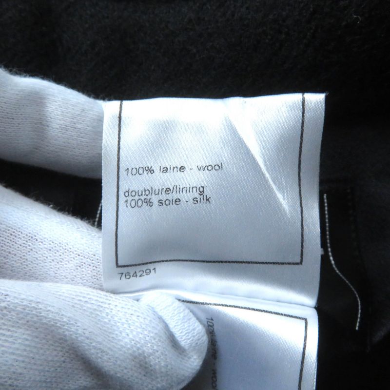 CHANEL P28956 06A 100% Silk Lining With Logo Plate Cut-off Wool Coat Black 36