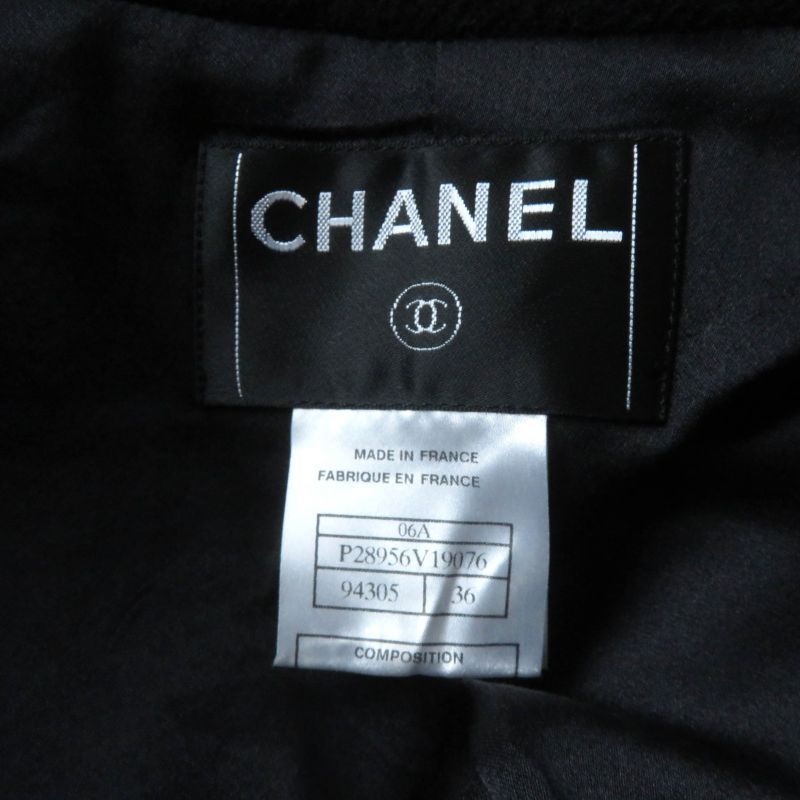 CHANEL P28956 06A 100% Silk Lining With Logo Plate Cut-off Wool Coat Black 36