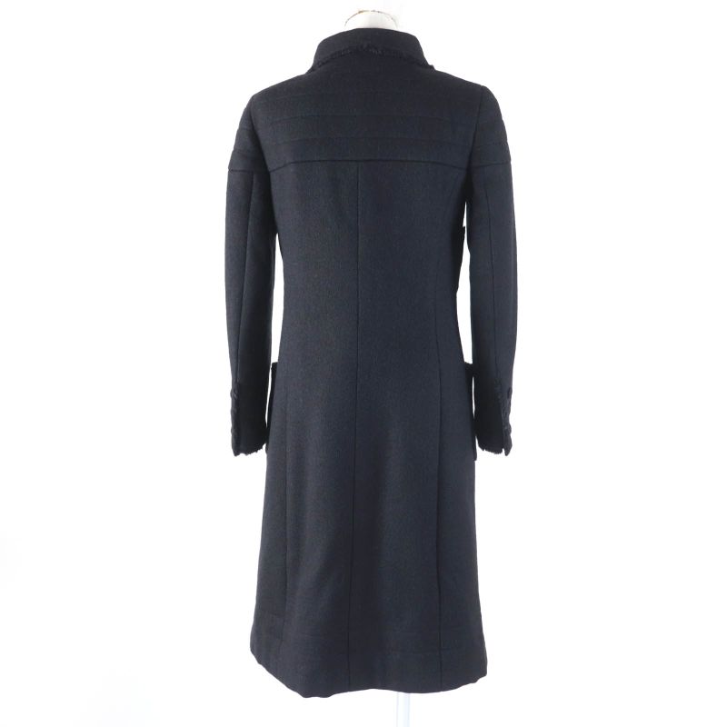 CHANEL P28956 06A 100% Silk Lining With Logo Plate Cut-off Wool Coat Black 36