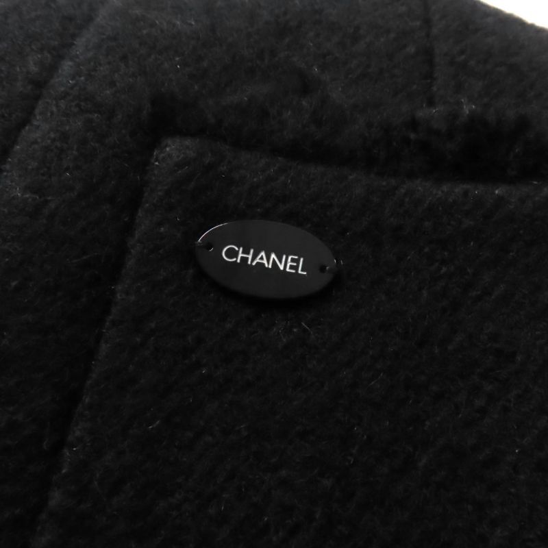 CHANEL P28956 06A 100% Silk Lining With Logo Plate Cut-off Wool Coat Black 36