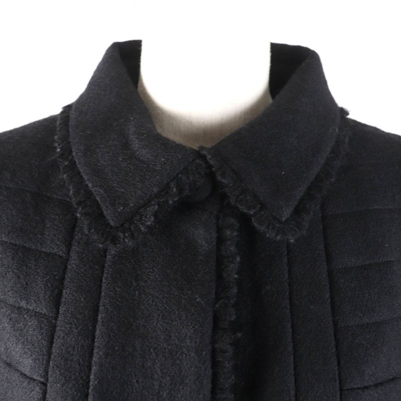 CHANEL P28956 06A 100% Silk Lining With Logo Plate Cut-off Wool Coat Black 36