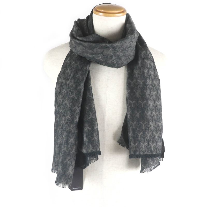 Saint Laurent Paris Cashmere Silk Stefano Virati Period Logo Fringe Scarf Black