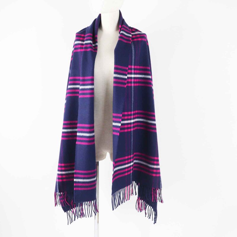 Hermes 100% Cashmere Leather Labeled Checkered Fringed Medium Scarf/scarf Navy