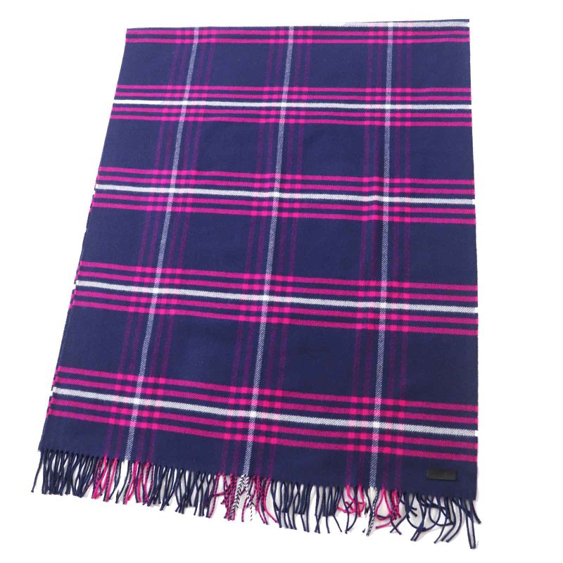 Hermes 100% Cashmere Leather Labeled Checkered Fringed Medium Scarf/scarf Navy