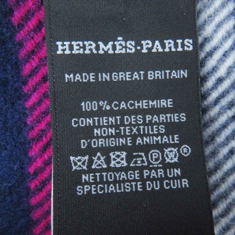 Hermes 100% Cashmere Leather Labeled Checkered Fringed Medium Scarf/scarf Navy