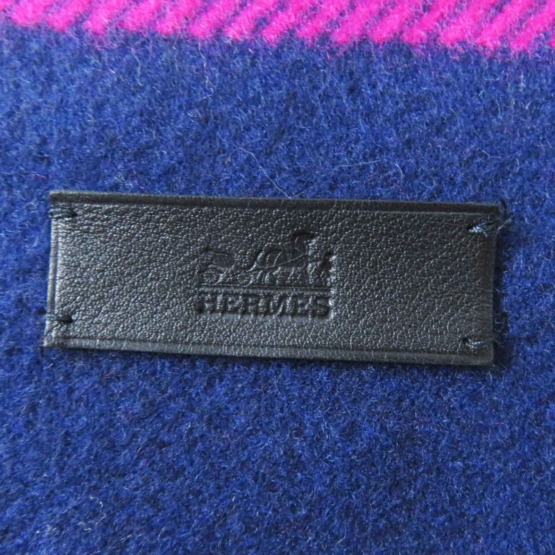 Hermes 100% Cashmere Leather Labeled Checkered Fringed Medium Scarf/scarf Navy