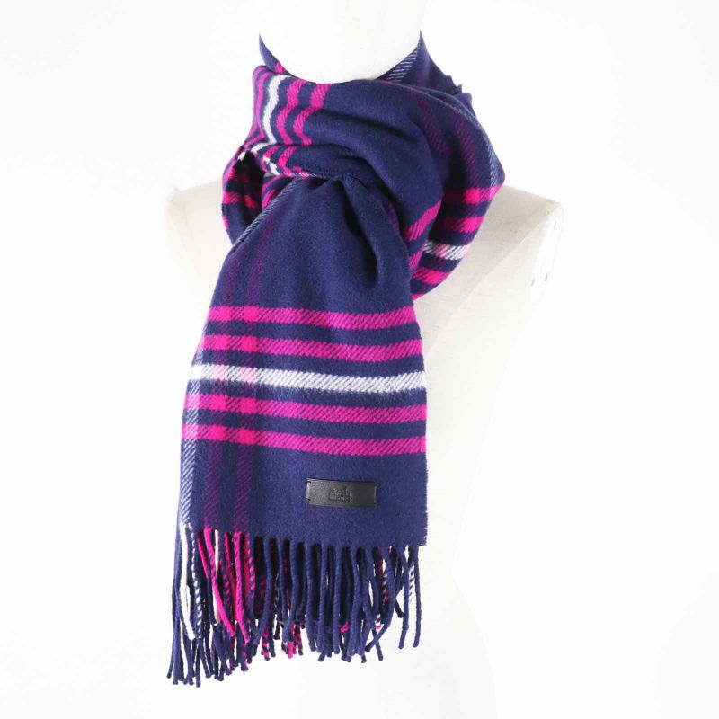 Hermes 100% Cashmere Leather Labeled Checkered Fringed Medium Scarf/scarf Navy