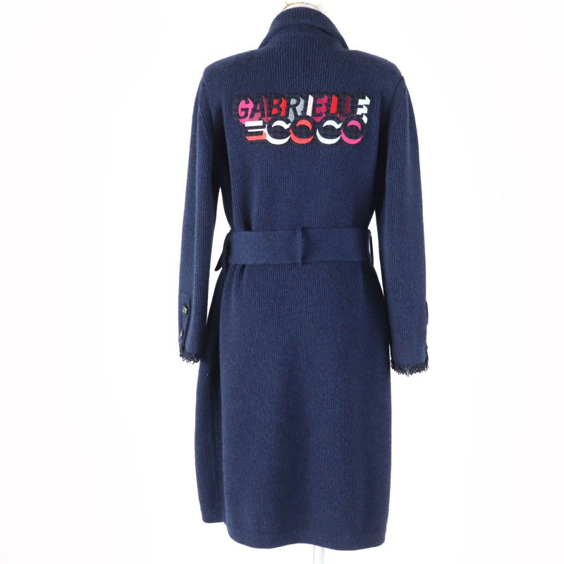 CHANEL 17B P57290k07490 100% Cashmere Gabrielle COCO Knit Coat With Belt Navy