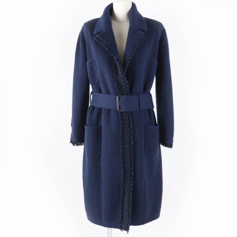 CHANEL 17B P57290k07490 100% Cashmere Gabrielle COCO Knit Coat With Belt Navy