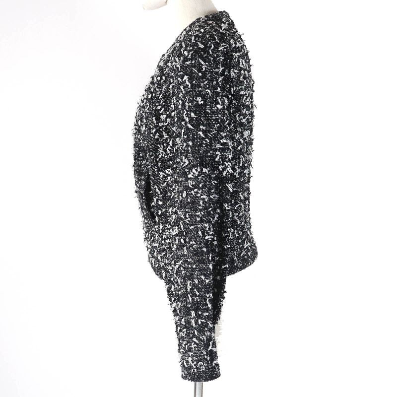 CHANEL P62063 Wool Alpaca Blend Coco Mark Button Ribbon Tweed Collarless Zip-up