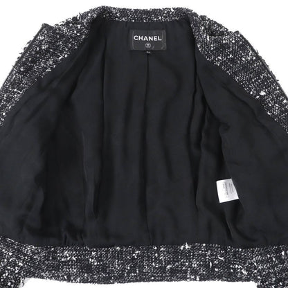 CHANEL P62063 Wool Alpaca Blend Coco Mark Button Ribbon Tweed Collarless Zip-up