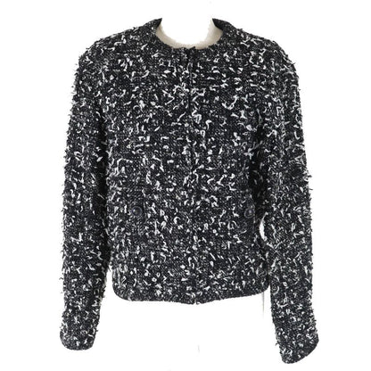 CHANEL P62063 Wool Alpaca Blend Coco Mark Button Ribbon Tweed Collarless Zip-up