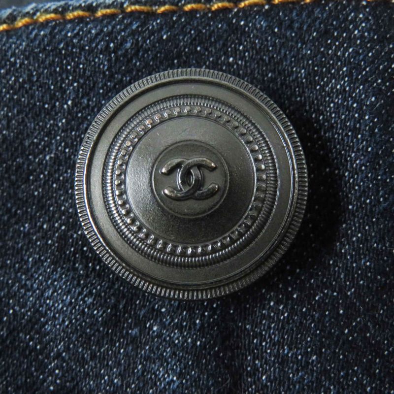 CHANEL P47726 Cotton Coco Mark Buttoned Design Skinny Denim Pants Indigo Blue