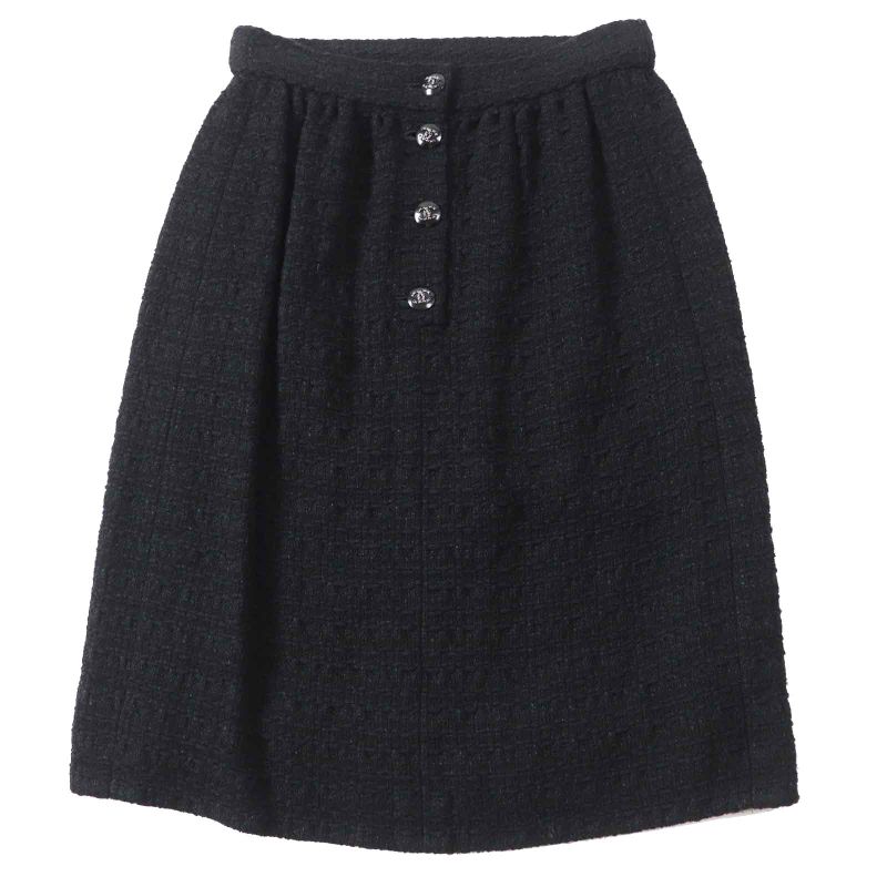 CHANEL 21C P70024 Coco Mark Button Tweed Tight Skirt With Rhinestones Black 36