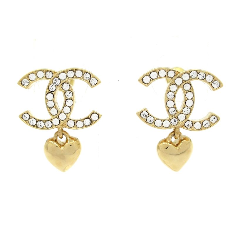 Chanel Earrings Coco Mark Gold X Clear Heart