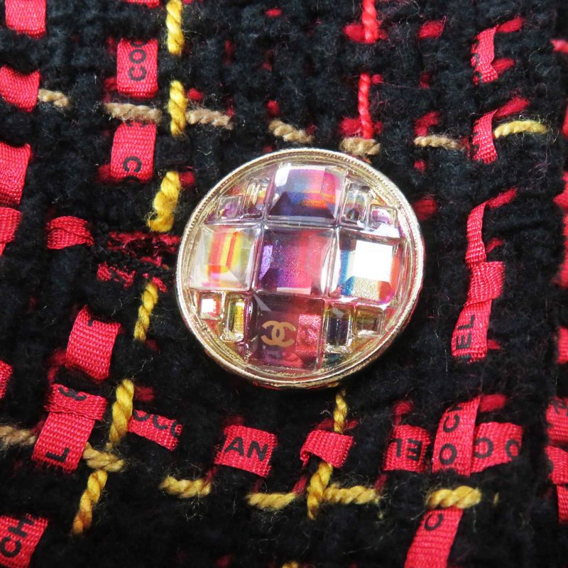 CHANEL 22A P73176 Coco Mark Bijoux Button Ribbon Tweed Collarless Jacket Black