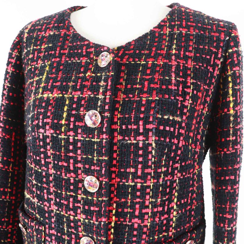 CHANEL 22A P73176 Coco Mark Bijoux Button Ribbon Tweed Collarless Jacket Black