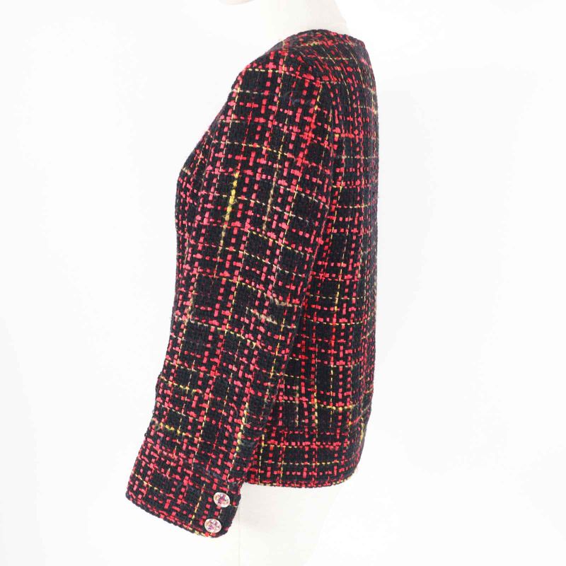 CHANEL 22A P73176 Coco Mark Bijoux Button Ribbon Tweed Collarless Jacket Black
