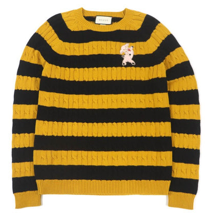 Gucci 545709 100% Cotton Striped Animal Patch Knit Sweater Yellow Black S Made