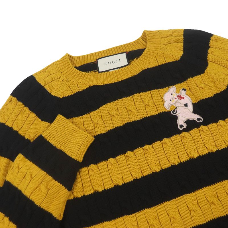 Gucci 545709 100% Cotton Striped Animal Patch Knit Sweater Yellow Black S Made