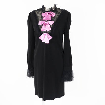 Gucci 445253 Long-sleeved Dress With GG Pearl Buttons And Ribbon Lace Black