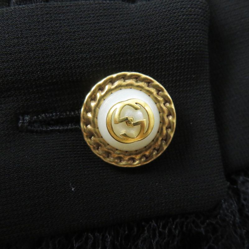 Gucci 445253 Long-sleeved Dress With GG Pearl Buttons And Ribbon Lace Black