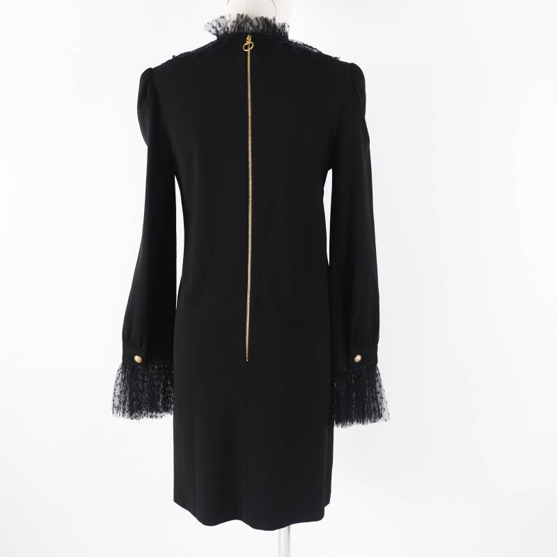 Gucci 445253 Long-sleeved Dress With GG Pearl Buttons And Ribbon Lace Black