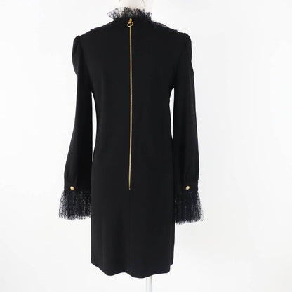 Gucci 445253 Long-sleeved Dress With GG Pearl Buttons And Ribbon Lace Black