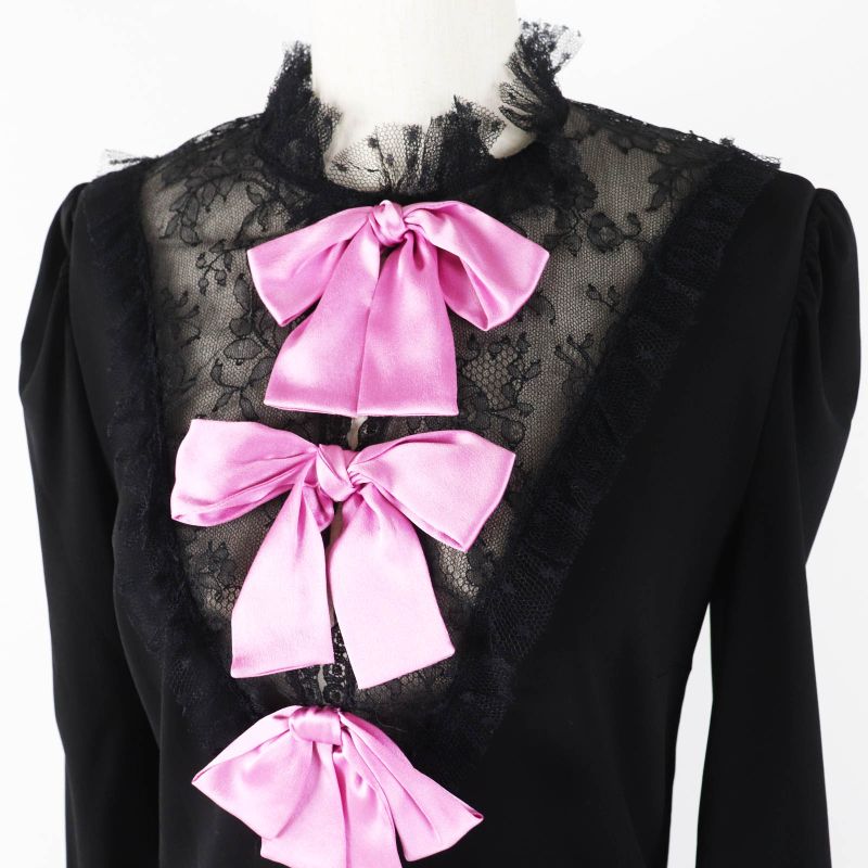 Gucci 445253 Long-sleeved Dress With GG Pearl Buttons And Ribbon Lace Black