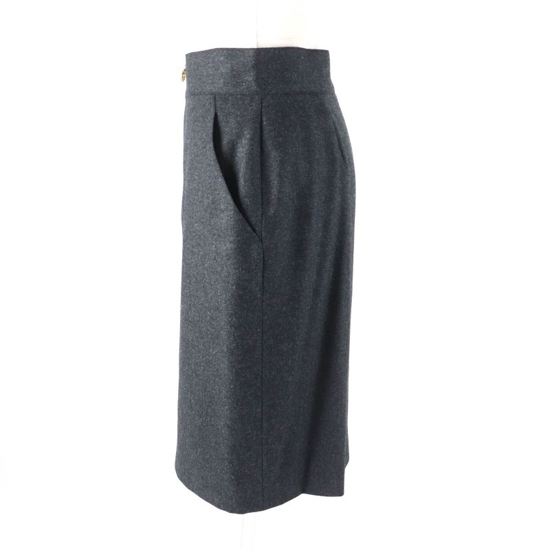 CHANEL Vintage 60pa19229 100% Wool Coco Mark Zip Knee Length Tight Skirt