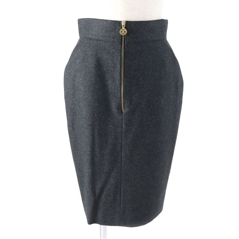 CHANEL Vintage 60pa19229 100% Wool Coco Mark Zip Knee Length Tight Skirt