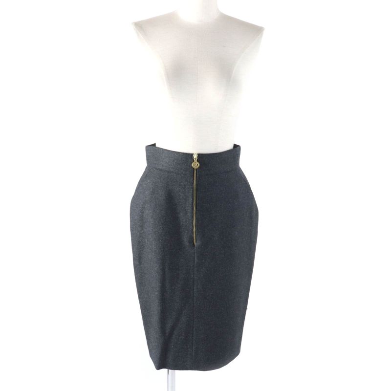 CHANEL Vintage 60pa19229 100% Wool Coco Mark Zip Knee Length Tight Skirt