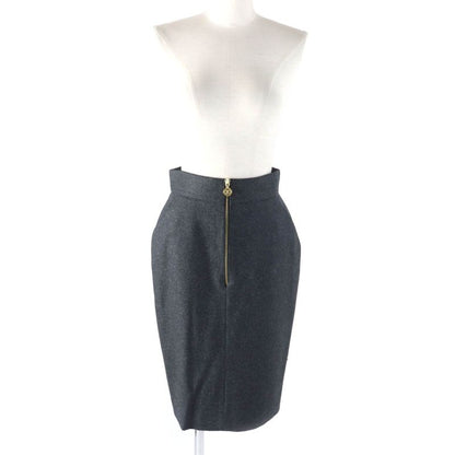 CHANEL Vintage 60pa19229 100% Wool Coco Mark Zip Knee Length Tight Skirt