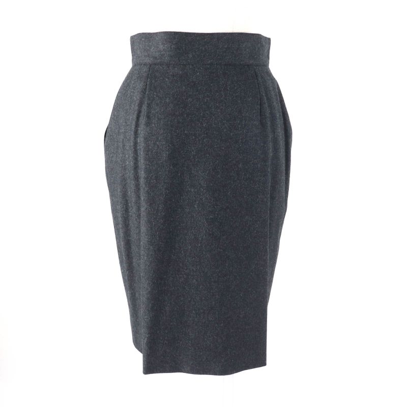 CHANEL Vintage 60pa19229 100% Wool Coco Mark Zip Knee Length Tight Skirt