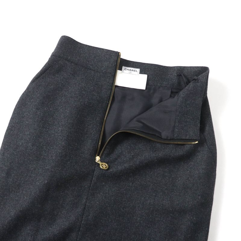 CHANEL Vintage 60pa19229 100% Wool Coco Mark Zip Knee Length Tight Skirt