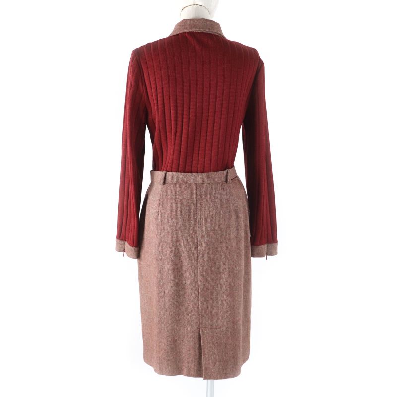 Celine Vintage 100% Wool Docking Dress With Logo Button And Belt Red 40 Genuine