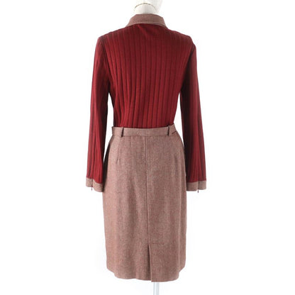 Celine Vintage 100% Wool Docking Dress With Logo Button And Belt Red 40 Genuine