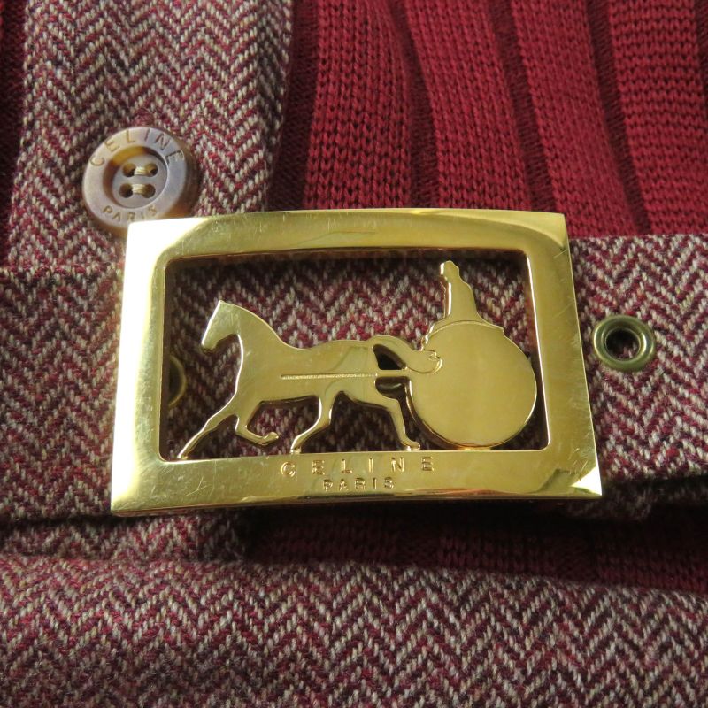 Celine Vintage 100% Wool Docking Dress With Logo Button And Belt Red 40 Genuine