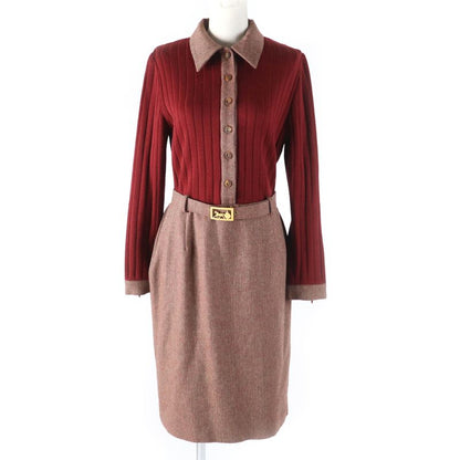 Celine Vintage 100% Wool Docking Dress With Logo Button And Belt Red 40 Genuine