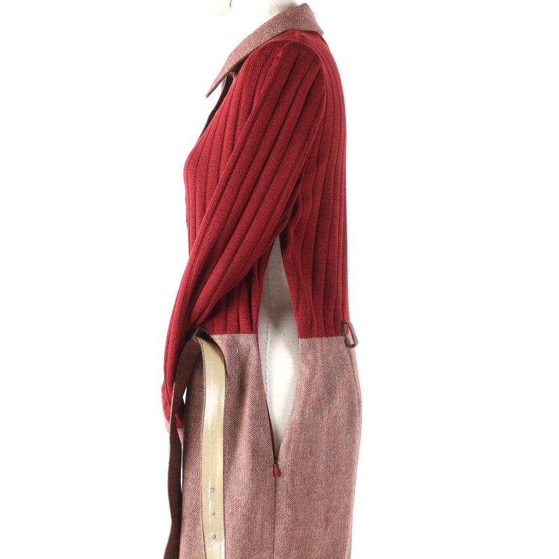 Celine Vintage 100% Wool Docking Dress With Logo Button And Belt Red 40 Genuine