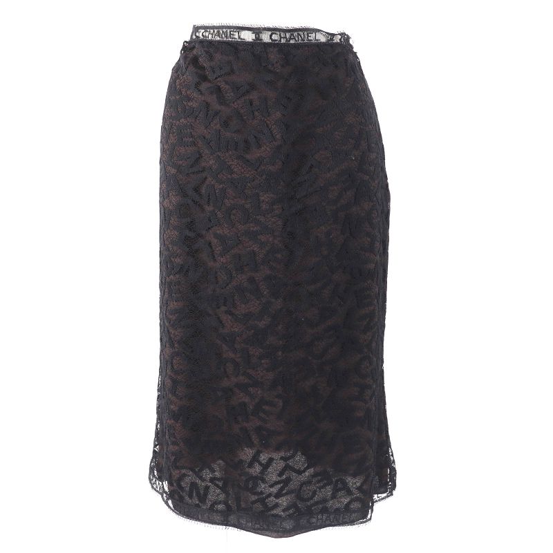 CHANEL 98A P12215 Total Logo Lace Camisole Skirt Setup Black Dark Brown 42 Made