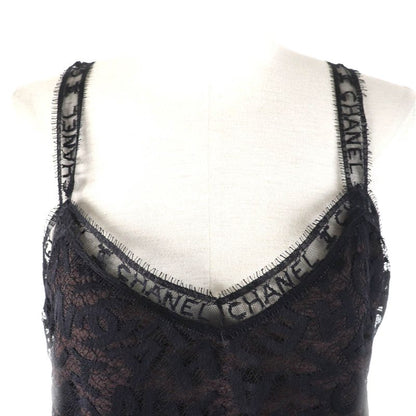 CHANEL 98A P12215 Total Logo Lace Camisole Skirt Setup Black Dark Brown 42 Made