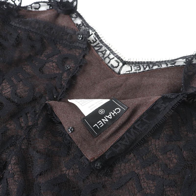 CHANEL 98A P12215 Total Logo Lace Camisole Skirt Setup Black Dark Brown 42 Made