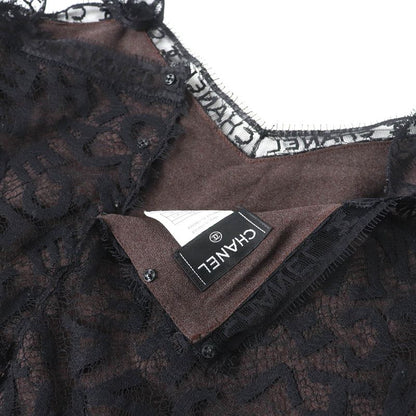 CHANEL 98A P12215 Total Logo Lace Camisole Skirt Setup Black Dark Brown 42 Made
