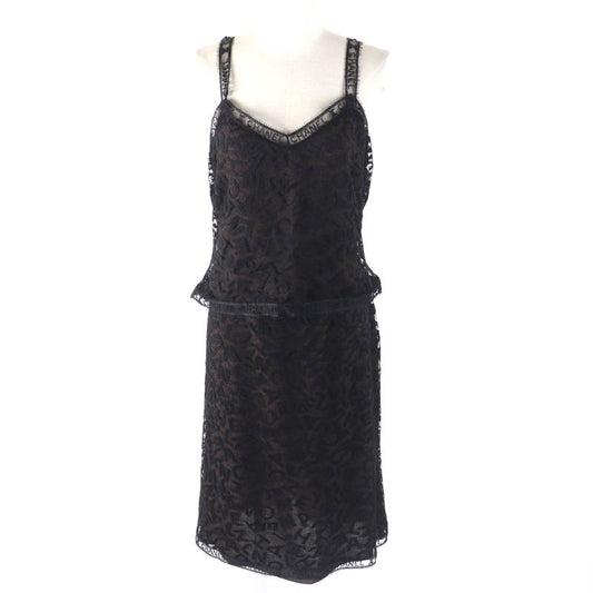 CHANEL 98A P12215 Total Logo Lace Camisole Skirt Setup Black Dark Brown 42 Made