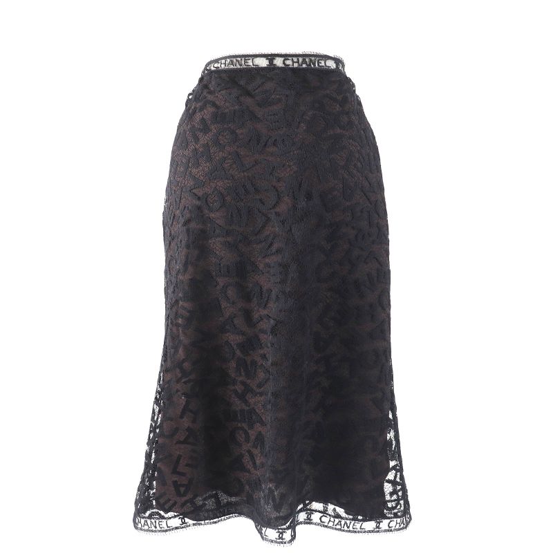 CHANEL 98A P12215 Total Logo Lace Camisole Skirt Setup Black Dark Brown 42 Made