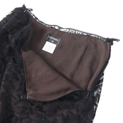 CHANEL 98A P12215 Total Logo Lace Camisole Skirt Setup Black Dark Brown 42 Made
