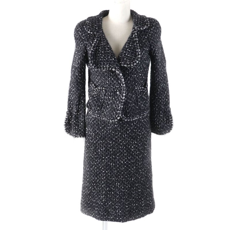 CHANEL 05A P26927 Mohair Blend Logo Faux Pearl Button Knit Jacket + Skirt Suit